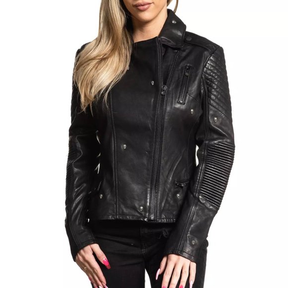 AFFLICTION Leather SKULLHEAD WOMEN'S JACKET Black - Picture 4 of 7